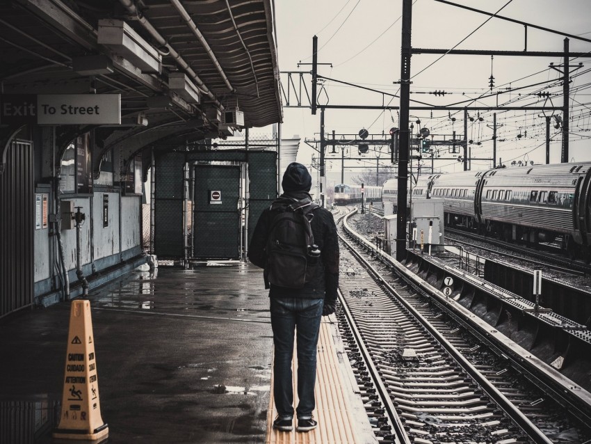 man, railway, station, platform, rails