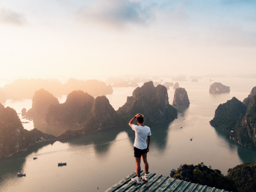 man, rocks, water, height, view, overview