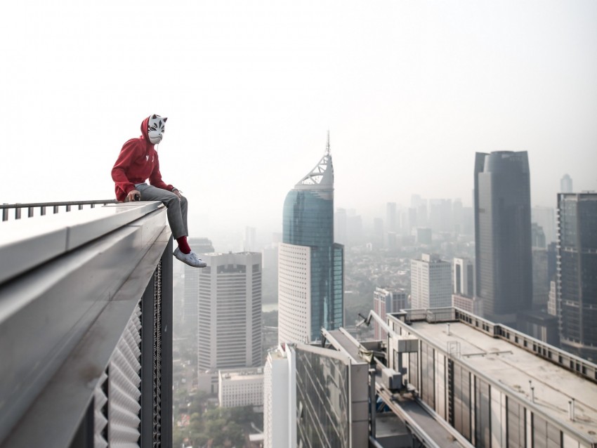 Man Roof City Buildings Height Overview Background