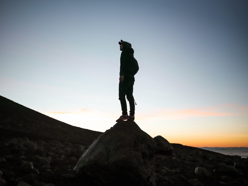 man, silhouette, stone, twilight, dark