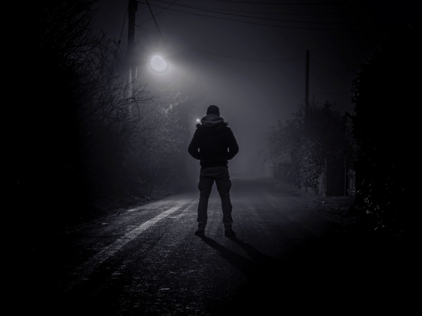 man, solitude, night, street, bw