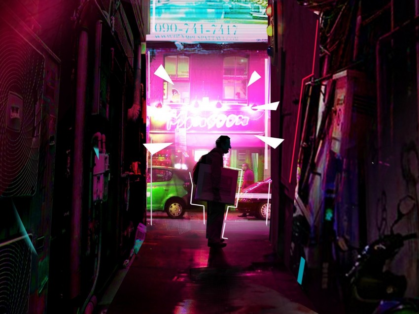 man, street, neon, art, light, bright