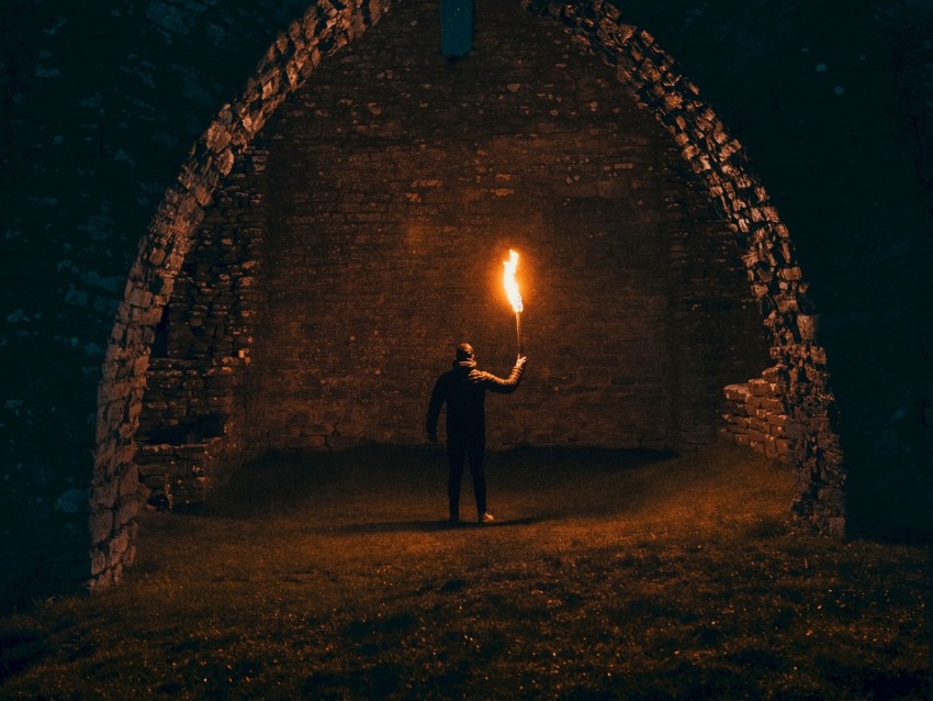 man, torch, night, arch, structure