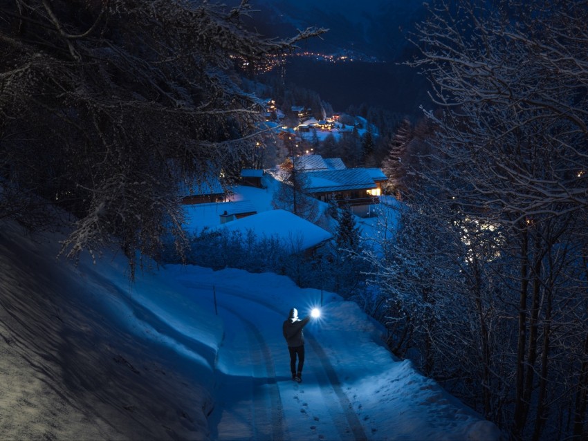 Man Walk Winter Snow Evening Clouds Fog Background