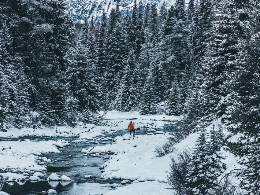 Man Winter River Snow Trees Background