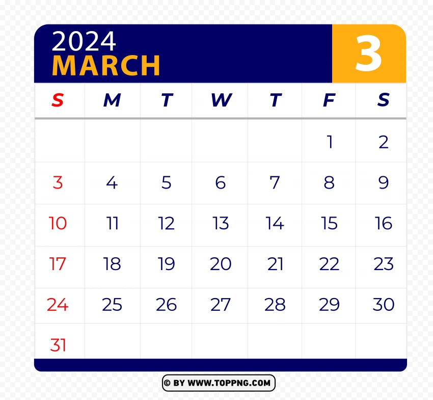 March 2024 Calendar Page Template PNG Transparent Background