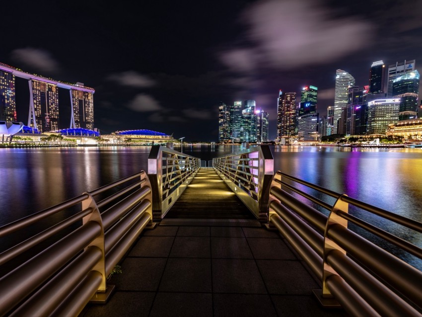 Marina Night City Jetty City Lights Singapore Background