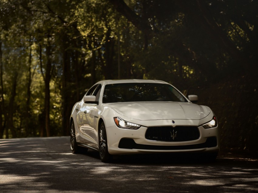 maserati ghibli, maserati, car, white, front view, road