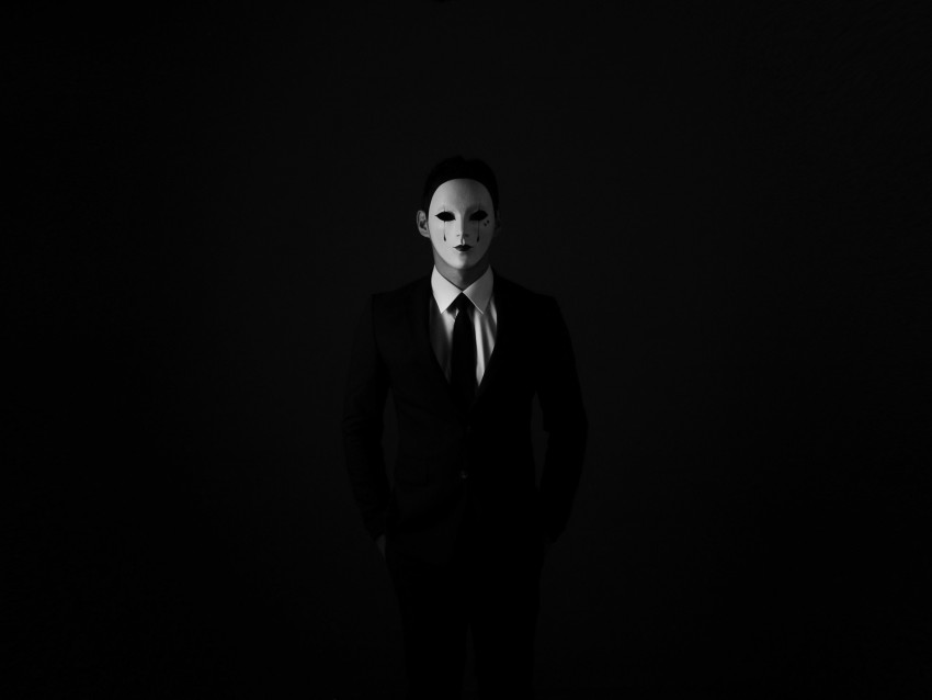 mask, anonymous, bw, tie, suit jacket, shirt