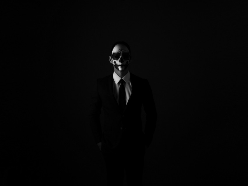 mask, anonymous, bw, tie, suit jacket, shirt, dark