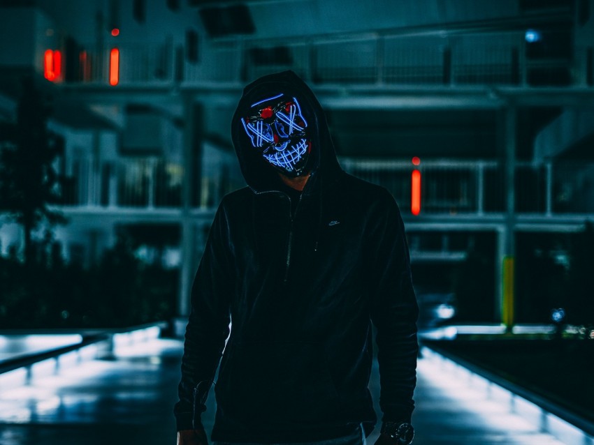 mask, anonymous, hood, darkness, neon, glow