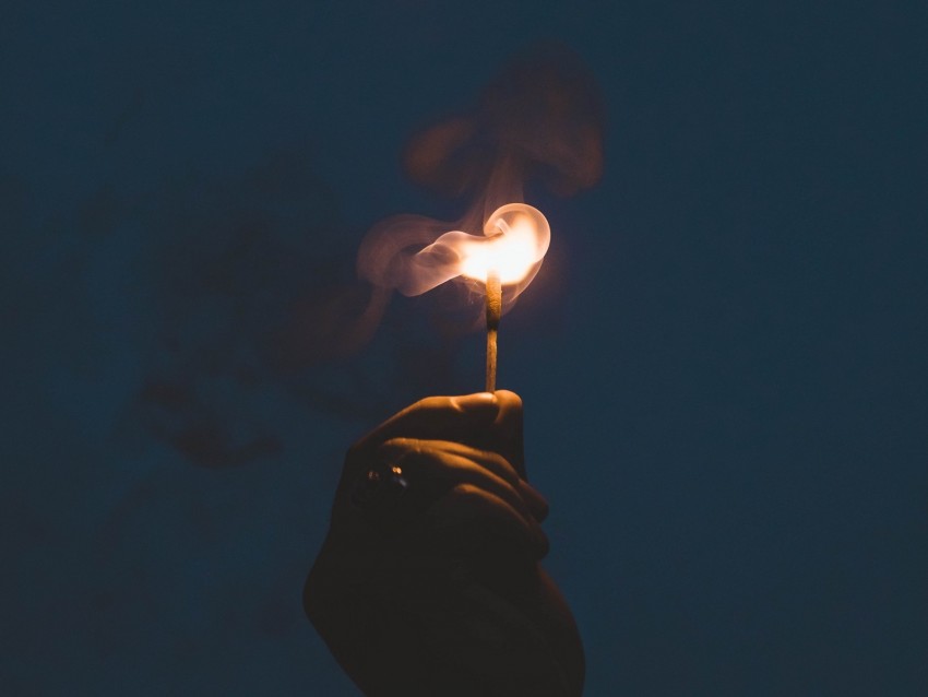 matchstick, hand, fire, smoke, darkness