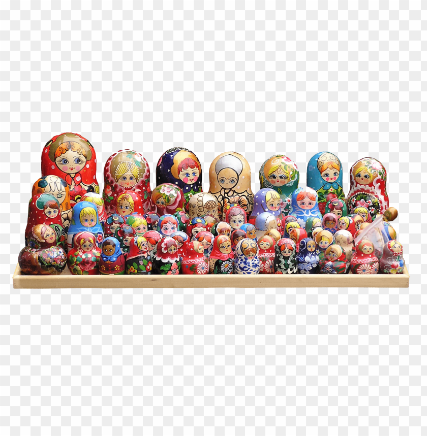 Colorful collection of traditional Russian Matryoshka dolls displayed on a shelf PNG