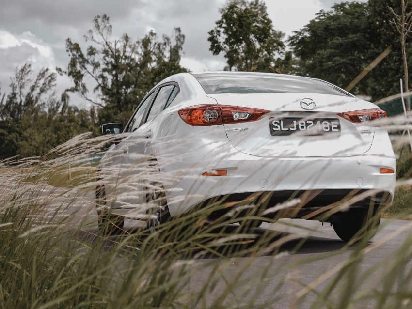 mazda 3, mazda, car, white, rear view, grass, trees