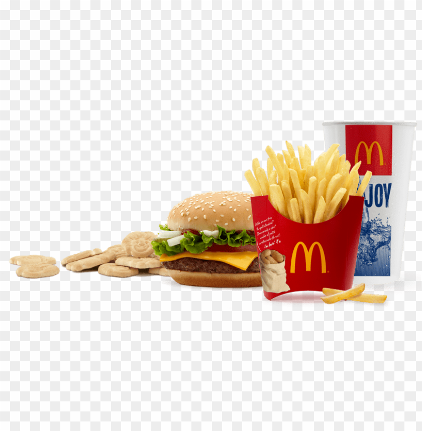 fast food, hamburger, French fries, soft drink, snack cookies, cheese, lettuce