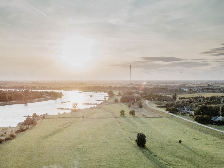 meadow, river, country, village, greens, sunlight