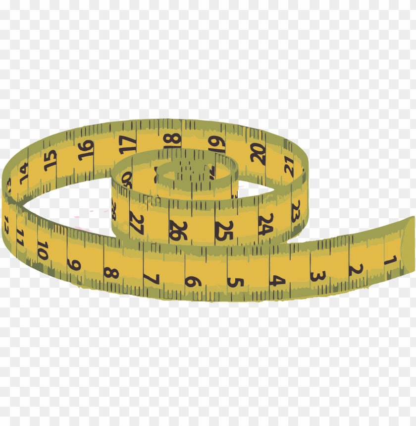 A yellow measuring tape curled in a spiral on a transparent background.