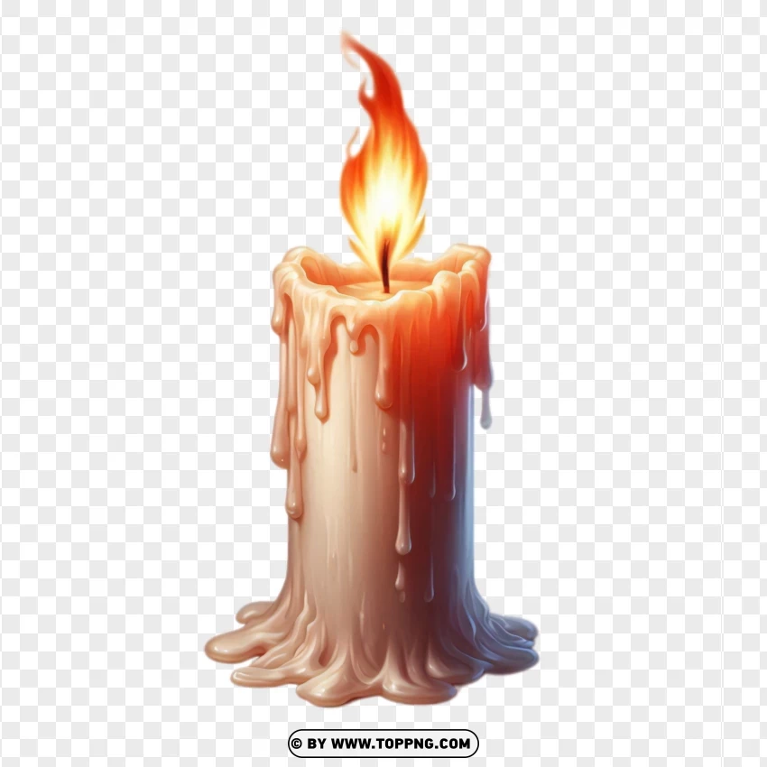 Melted candle with a burning fire flame, dripping wax, PNG image with transparent background