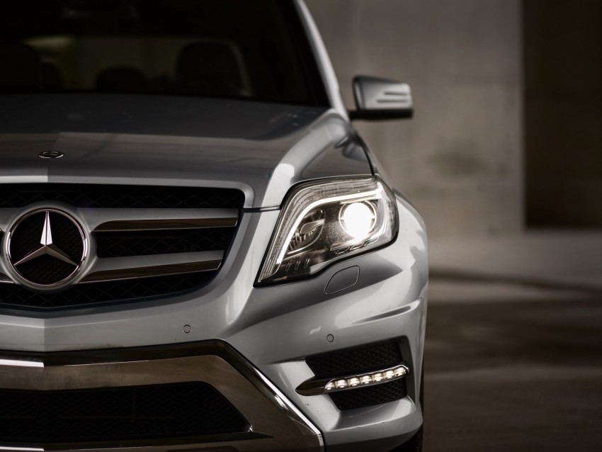 mercedes-benz glk350, mercedes, car, gray, front view, headlight