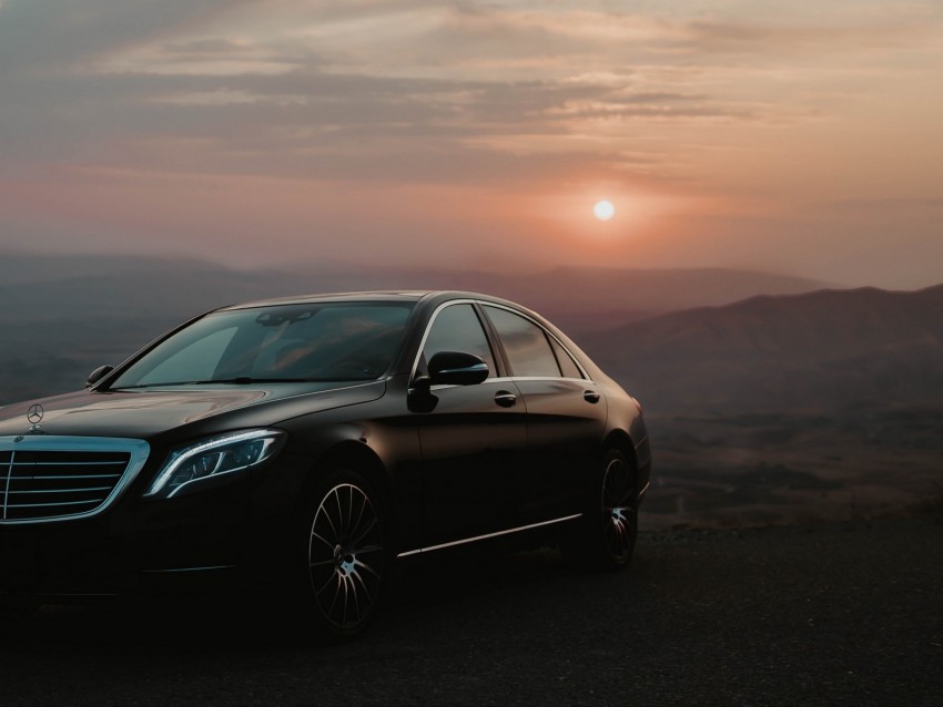 mercedes, car, black, side view, dusk