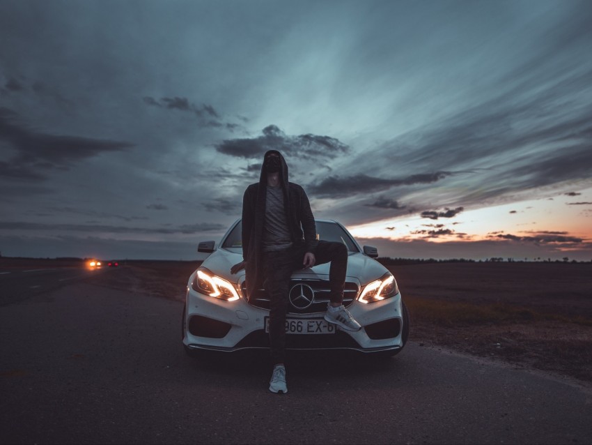 mercedes, man, mask, hood, car