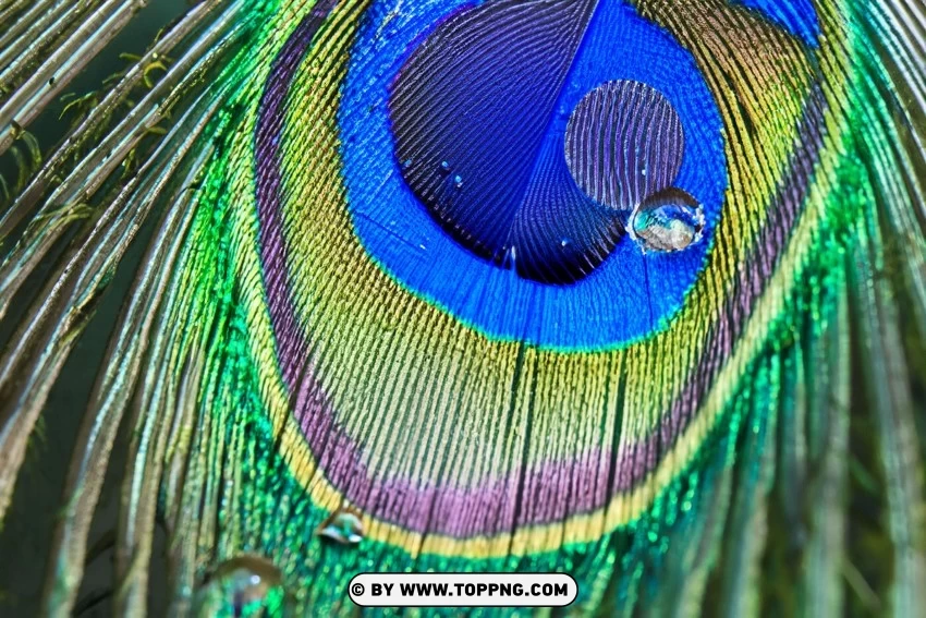 Mesmerizing Peacock Feather Water Drop Elegance PNG Transparent Background