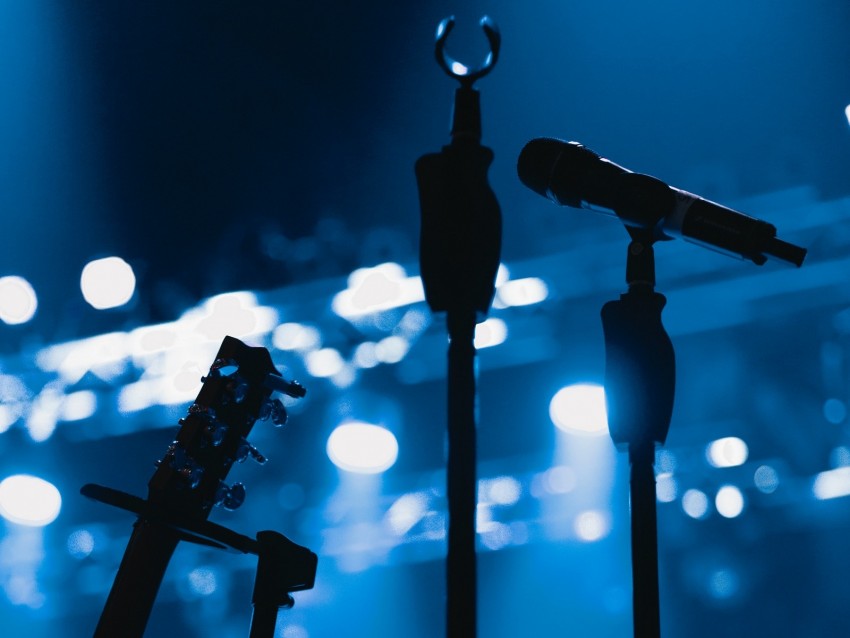 microphone, guitar, stand, light, spotlights