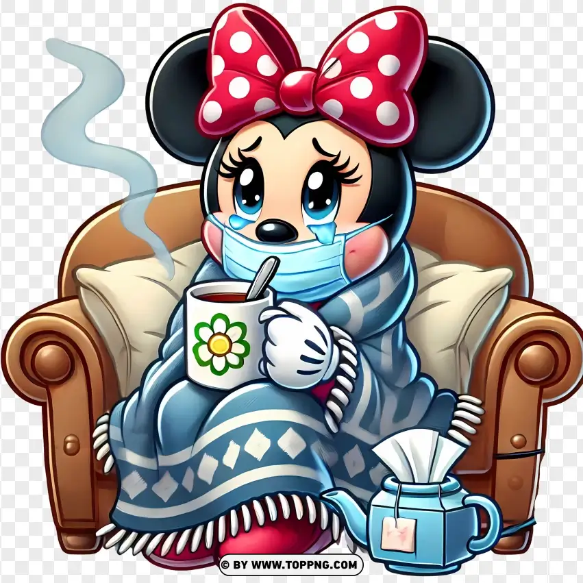 Minnie Mouse Cartoon Staying Warm With Blanket And Tea PNG Transparent Background