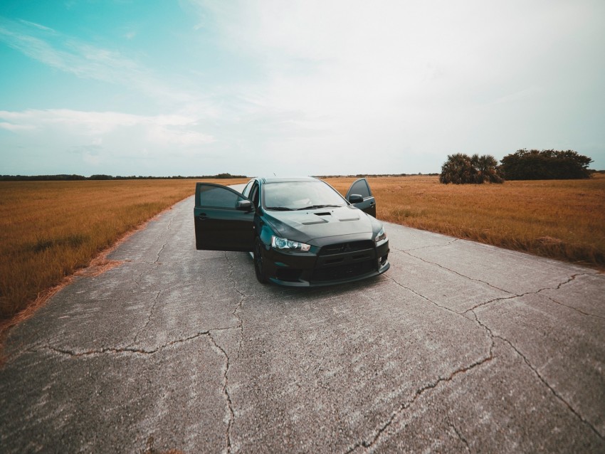 mitsubishi, black, front view, road, asphalt