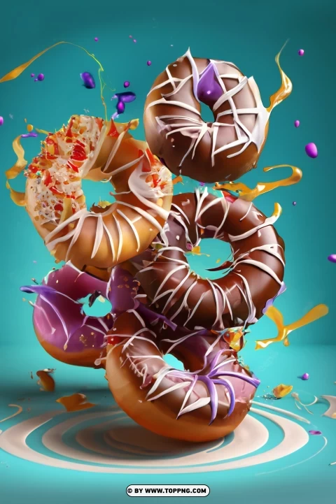 Mix Of Multicolored Sweet Donuts With Sprinkles Flying Doughnuts Scene On Blue PNG Transparent Background