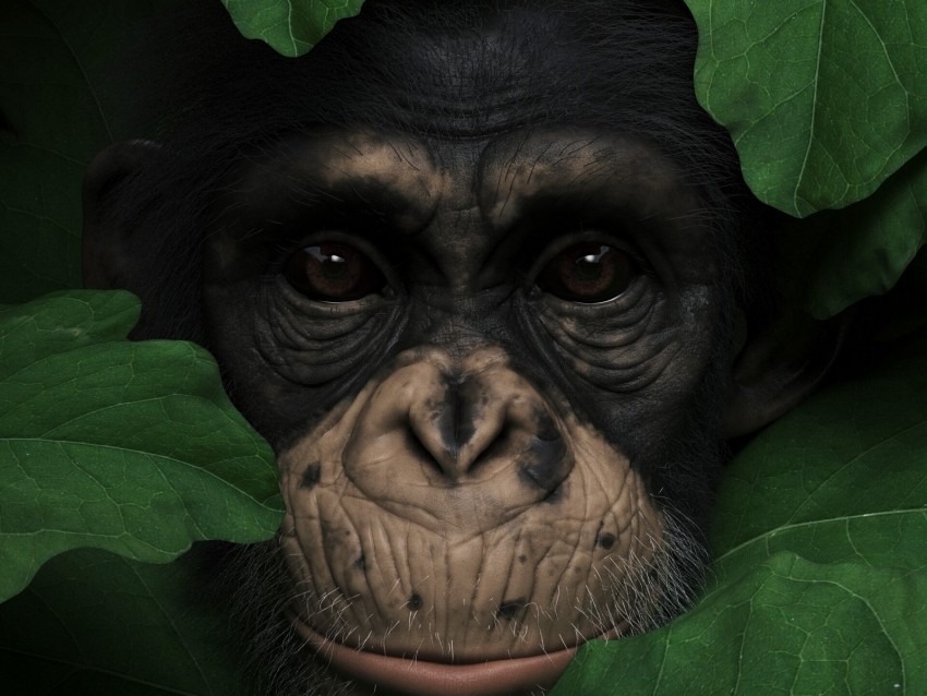 chimpanzee, wildlife portrait, natural habitat, animal close-up, lush foliage