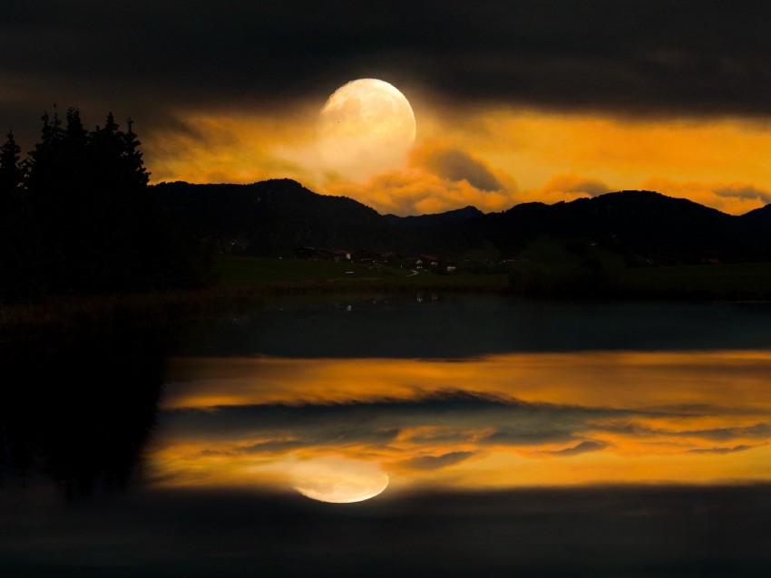 moon, full moon, mountains, dark, night