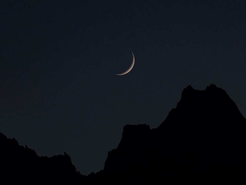 moon, mountains, night, sky, full moon, crescent