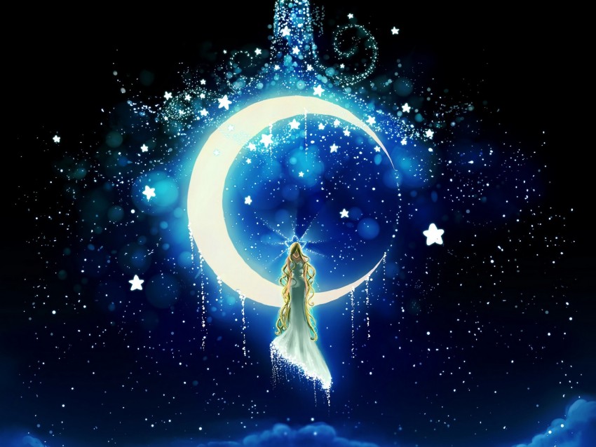 moon, stars, girl, night, art