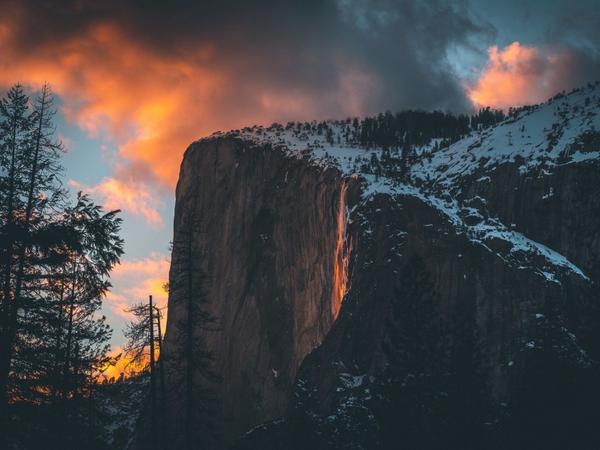 mountain, cliff, sunset, clouds, snow, sky