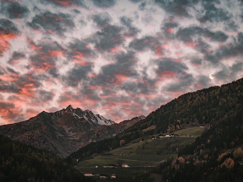 mountain, clouds, village, forest, trees, sunset