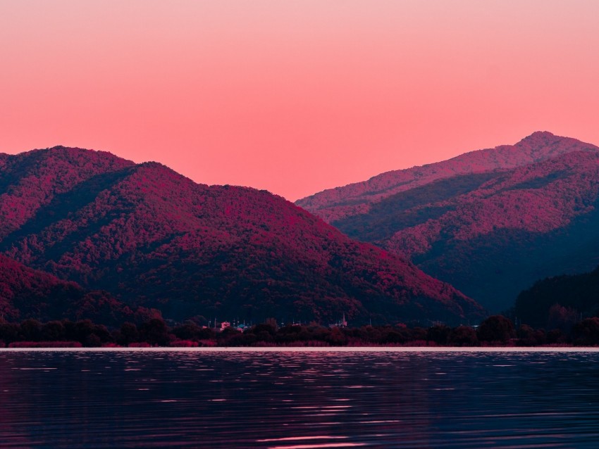 mountain, dawn, moon, lake