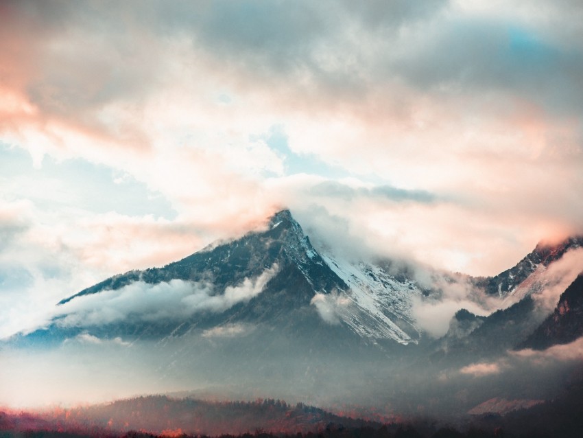 mountain, fog, peak, clouds, aerial view