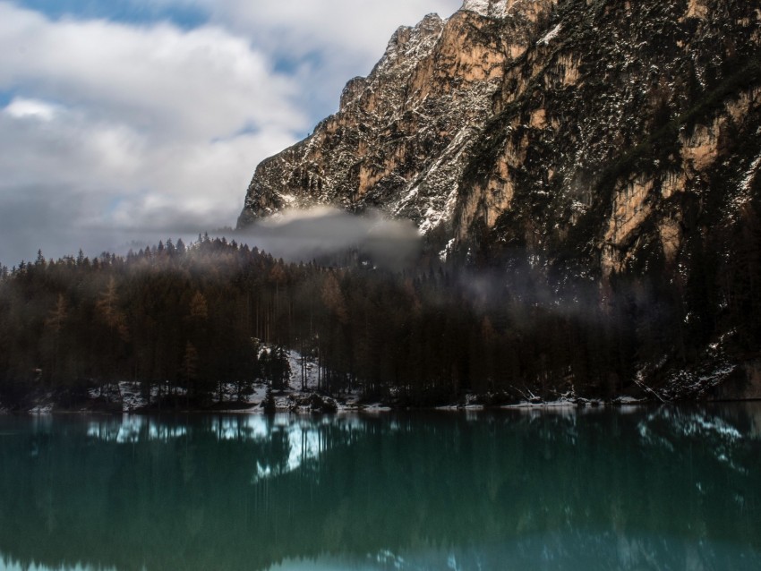 Mountain Lake Fog Pragser Wildsee Italy Landscape Background