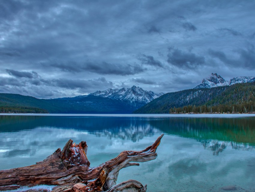 mountain, lake, landscape, reflection, log