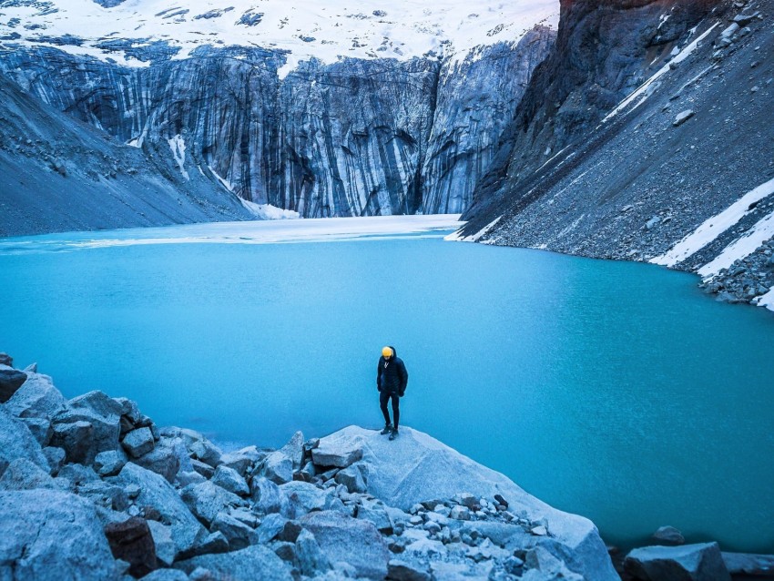 mountain, lake, man, solitude, travel, tourist