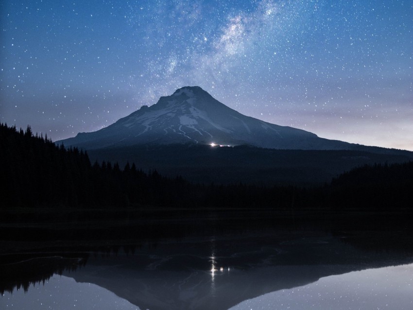 mountain, lake, starry sky, twilight, reflection