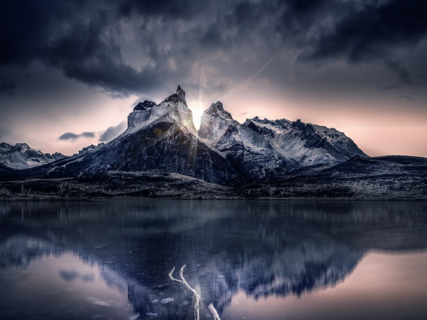 mountain, lake, sunlight, reflection