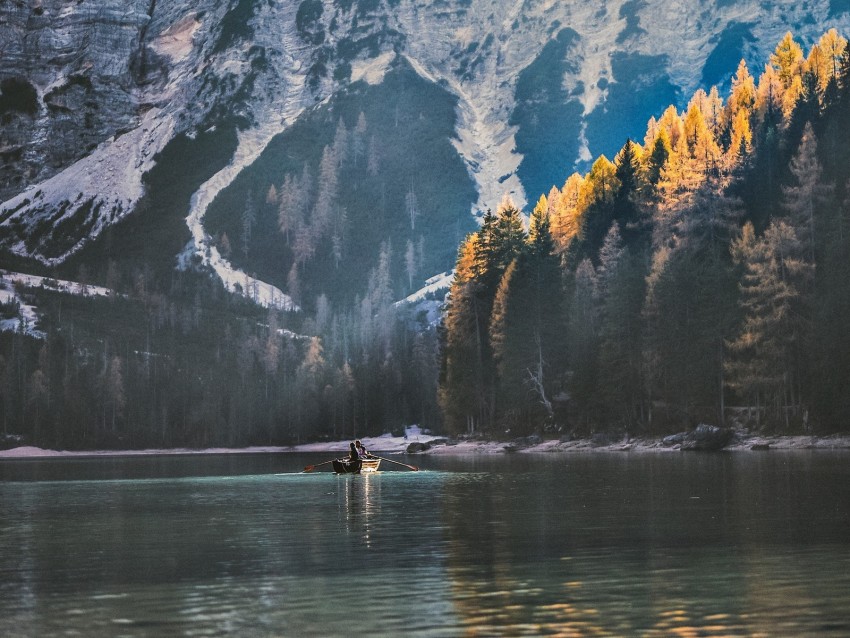 mountain, lake, trees, boat, sail, swim