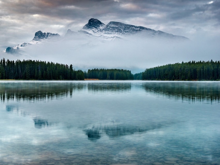 Mountain Lake Trees Reflection Sky Peak Background