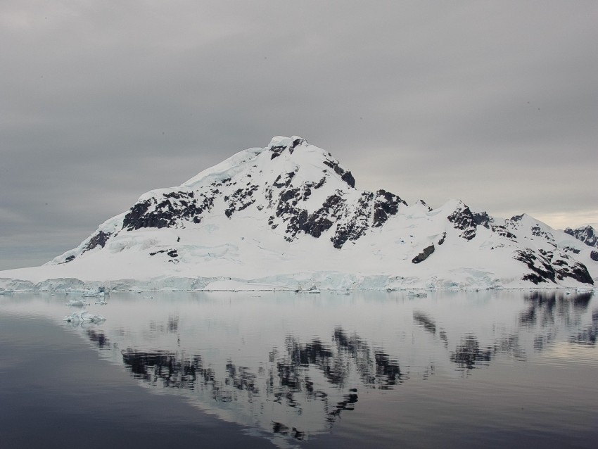 mountain, ocean, snow, reflection