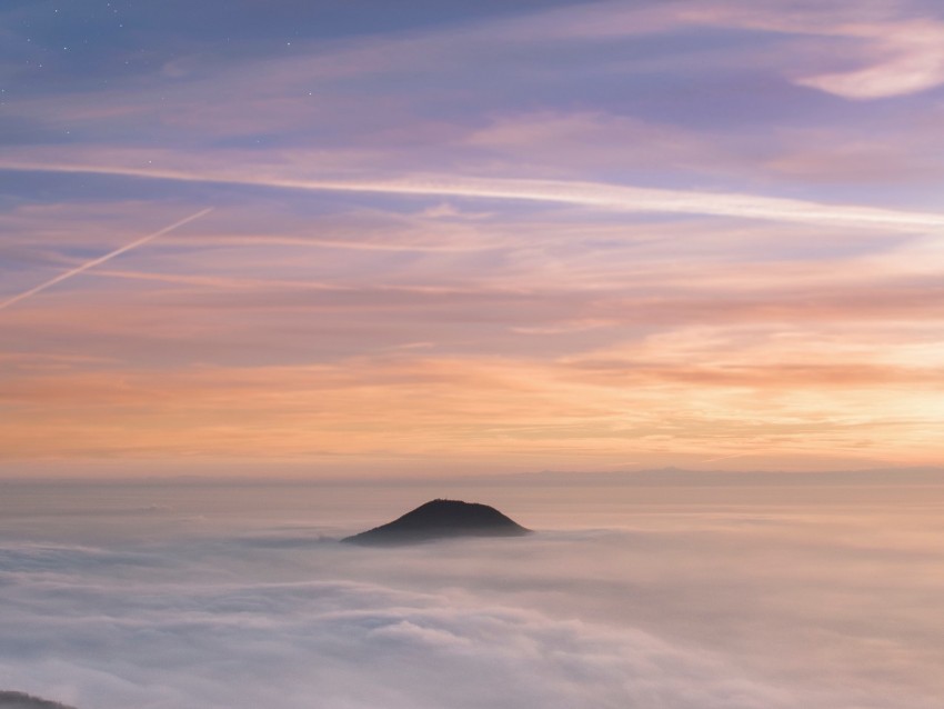 mountain, peak, clouds, sky, moon, stars