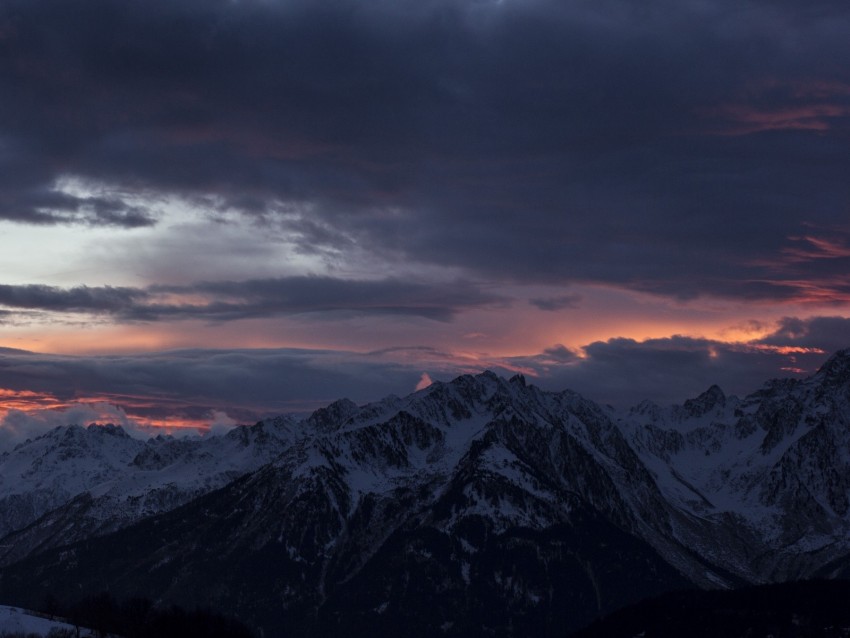 Mountain Peak Clouds Snowy Sunset Night Background