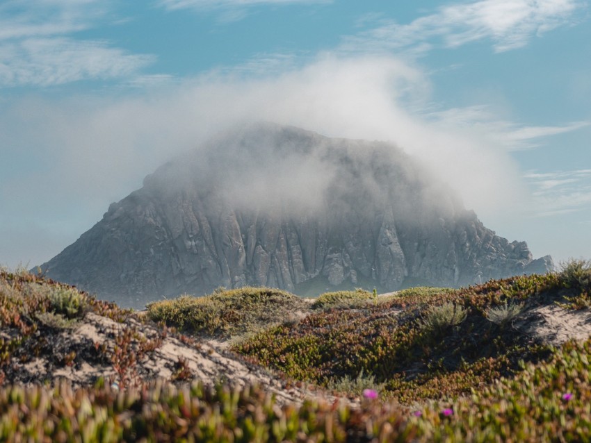 mountain, peak, clouds, vegetation, landscape