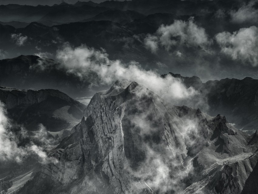 Mountain Peak Fog Clouds Gloomy Background